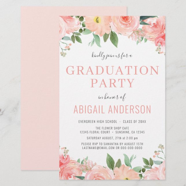 2023 Coral Peach Floral Grad Einladung zum Haushal (Vorne/Hinten)