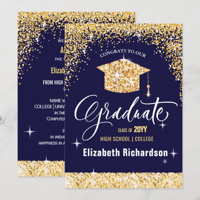 2023 Elegante Calligrafy Gold Glitzer Abschluss Ankündigung (Vorne/Hinten)