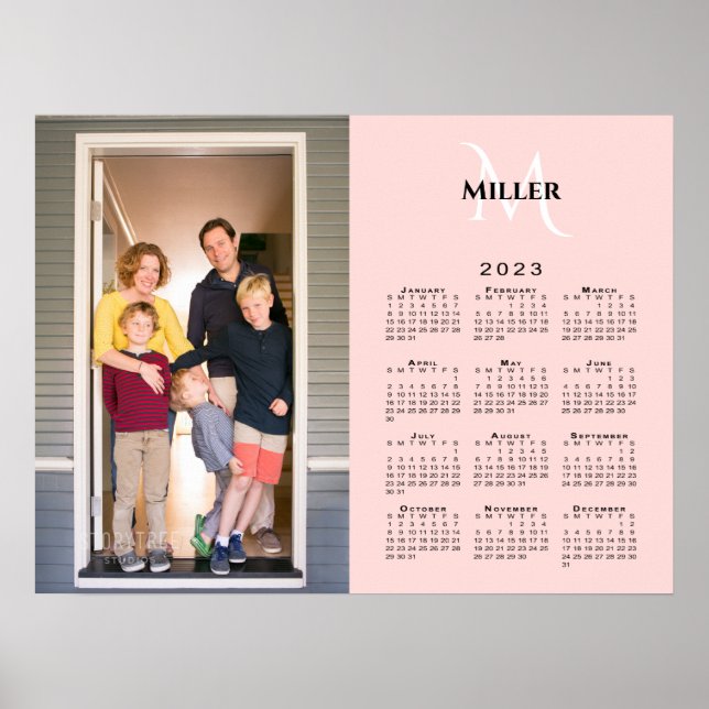 2023 Foto-Monogrammname im Kalender auf Rosa Poster (Vorne)