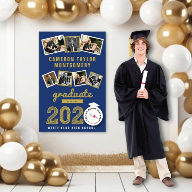 2023 Gold Sketch Grad 7 Foto Collage Abschluss Poster (20YY Navy Blue And Gold Sketch 7 Photo Modern Graduation Party Poster @ www.zazzle.com/color_therapy)