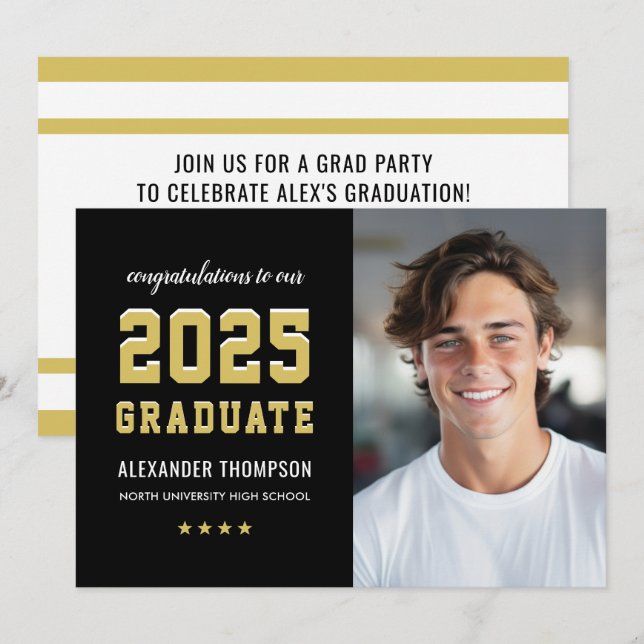 2023 Graduate Black Gold Graduation Party Foto Einladung (Vorne/Hinten)