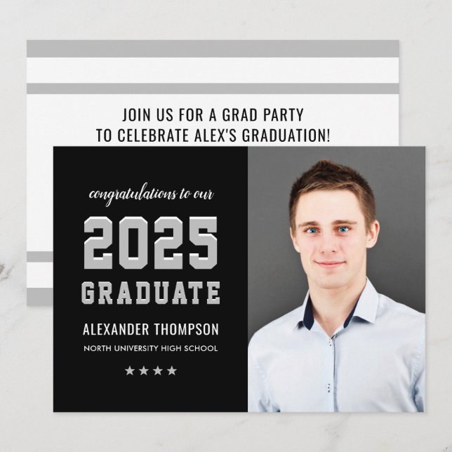 2023 Graduate Black Gray Graduation Party Foto Einladung (Vorne/Hinten)
