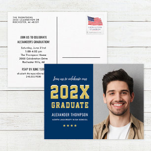 2023 Graduate Navy Gold Graduation Party Foto Einladungspostkarte