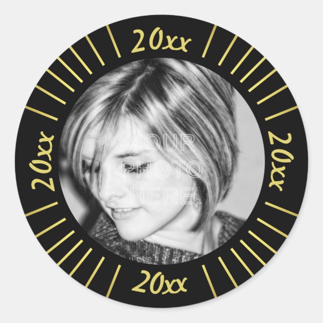 2023 Graduation Party Foto Black Gold Mod Stripes Runder Aufkleber (Vorderseite)