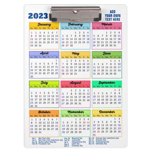 2023 Kalender mit Public Holidays Modern Blue Klemmbrett (Vorderseite)