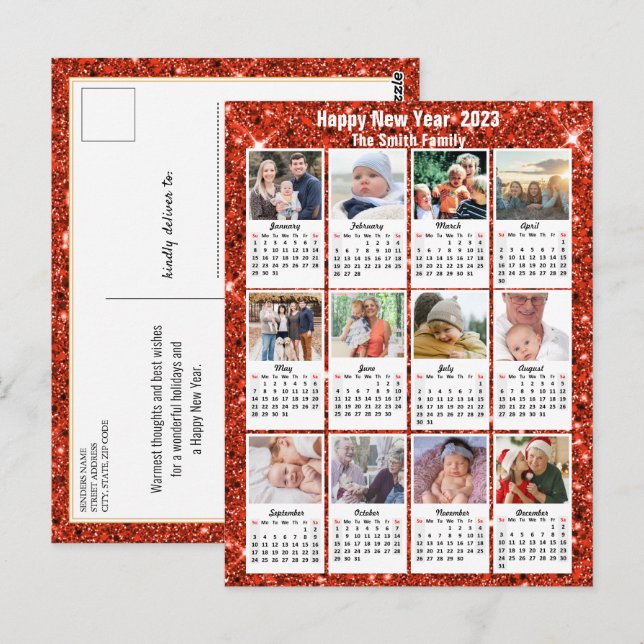 2023 Kalender Moderne Familie 12 Foto Roter Glitze Postkarte (Vorne/Hinten)