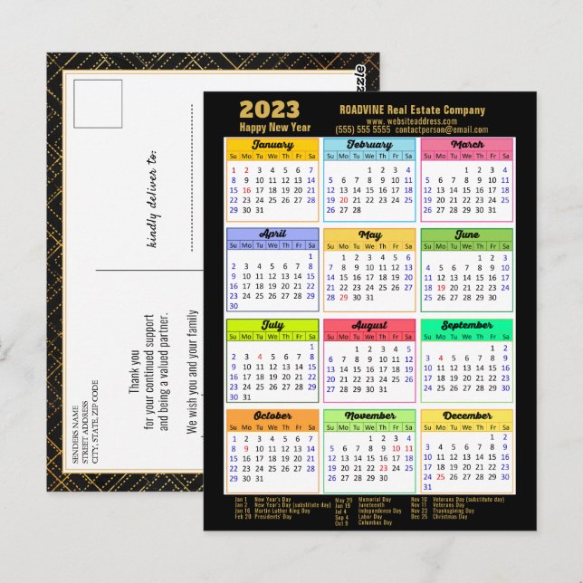 2023 Kalender Modernes Black Gold Script Business Postkarte (Vorne/Hinten)