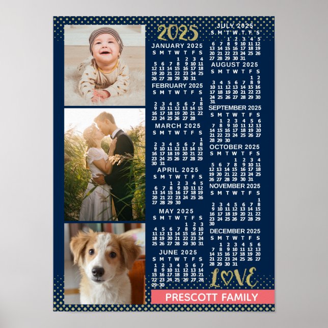 2023 Kalender Navy Koral Gold Familie Foto Collage Poster (Vorne)
