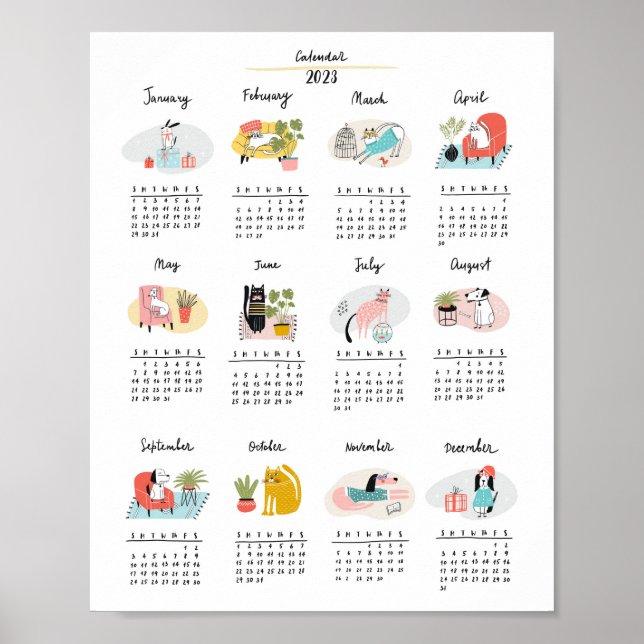 2023 Kalender Niedlicher Cartoon Katzen und Hunde Poster (Vorne)