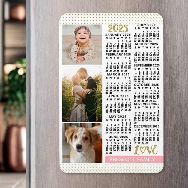 2023 Kalender Rosa Gold Familienfoto Collage Magnet (Von Creator hochgeladen)