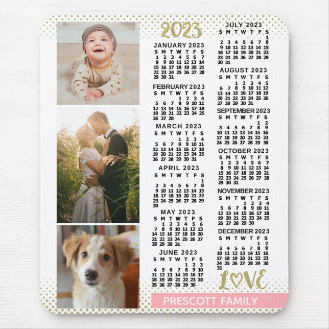2023 Kalender Rosa Gold Familienfoto Collage Mousepad (Vorne)