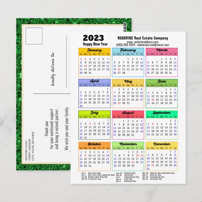 2023 Kalender Schwarz-Script-Grün-Glitzer Corporat Postkarte (Vorne/Hinten)