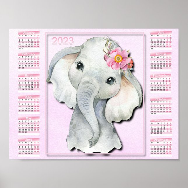 2023 Kinderkalender, Wasserfarbenlephant, Blume Poster (Vorne)
