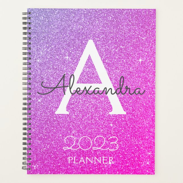 2023 Lila-Rosa-Glitzer-Sparkle-Monogramm Planer (Vorderseite)