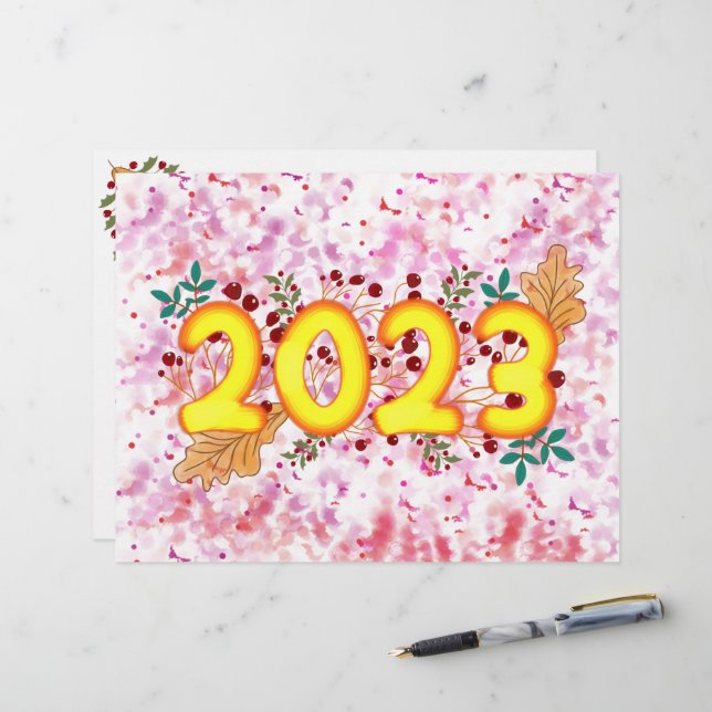 2023 MIT HÜBSCHEN BLÄTTER UND ROTEN BERIEN (Vorderseite/Rückseite Beispiel)