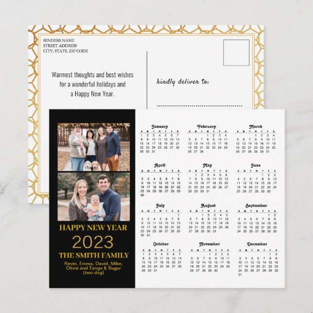 2023 Moderner Gold Glitzer Script 2 Foto Kalender Postkarte (Vorne/Hinten)