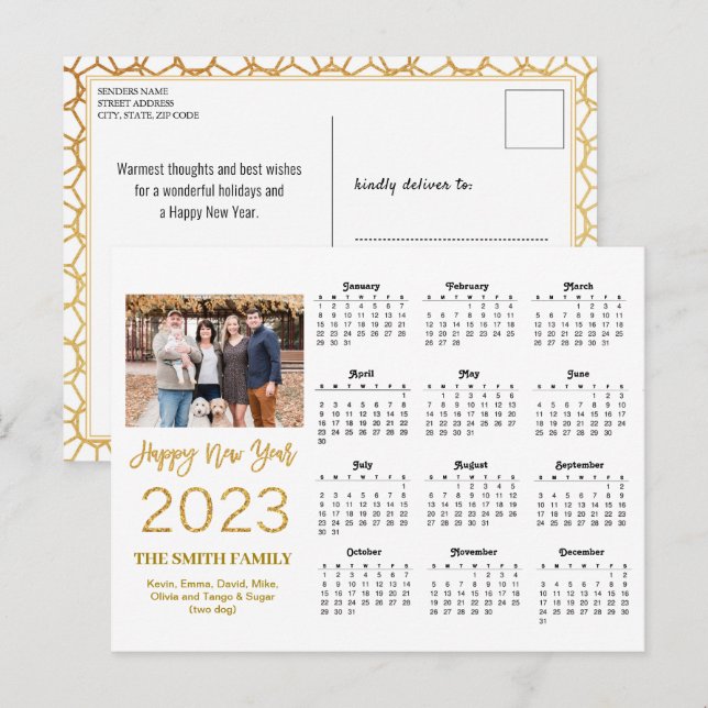 2023 Moderner Gold Glitzer Script Foto Calendar Postkarte (Vorne/Hinten)