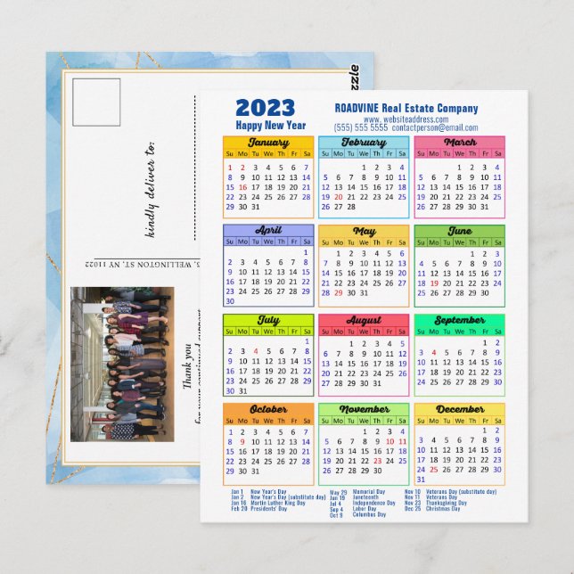 2023 Moderner Jahreskalender Corporate Blue Gold Postkarte (Vorne/Hinten)
