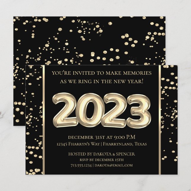2023 Neue Jahre | Gold und Black Balloon Confetti Einladung (Vorne/Hinten)