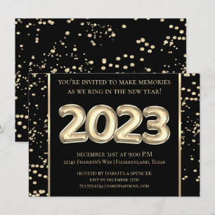 2023 Neue Jahre   Gold und Black Balloon Confetti Einladung
