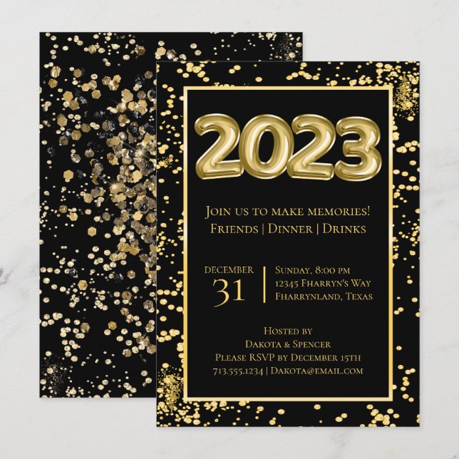 2023 Neue Jahre | Gold und Black Balloon Confetti Einladung (Vorne/Hinten)