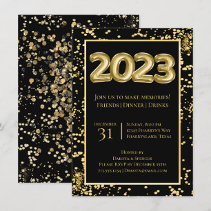 2023 Neue Jahre   Gold und Black Balloon Confetti Einladung