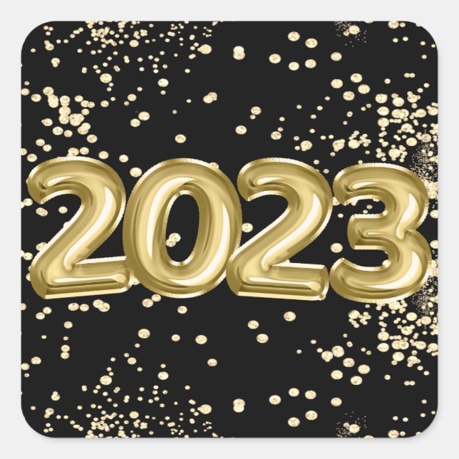 2023 Neue Jahre | Gold und Black Balloon Confetti Quadratischer Aufkleber (Vorderseite)