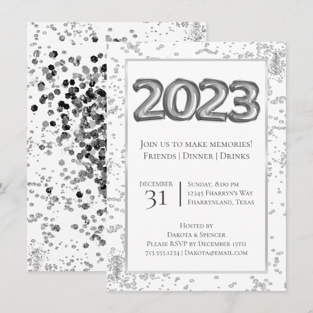 2023 Neue Jahre | Silver and Black Balloon Confett Einladung (Vorne/Hinten)