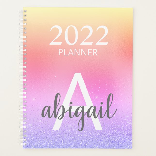 2023 Rainbow Pastel Glitzer Stilvolle Monogramm Na Planer (Vorderseite)