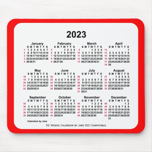 2023 Red 52 Weeks ISO Calendar by Janz Mousepad (Vorne)