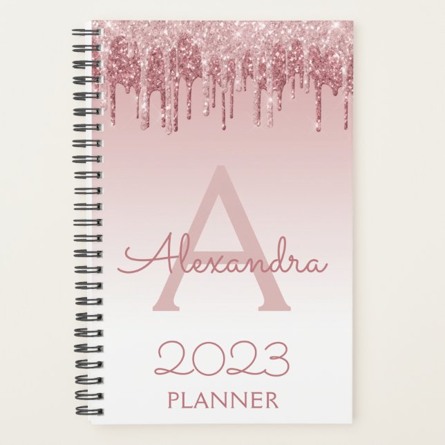 2023 Rose Gold Blush Pink Glitter Sparkle Monogram Planer (Vorderseite)