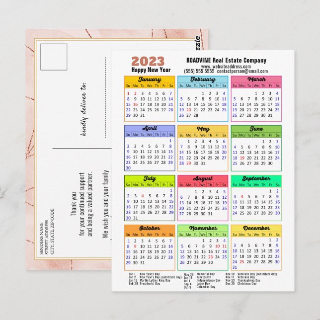 2023 Rose Kalender Gold Streifen Modernes Unterneh Postkarte (Vorne/Hinten)