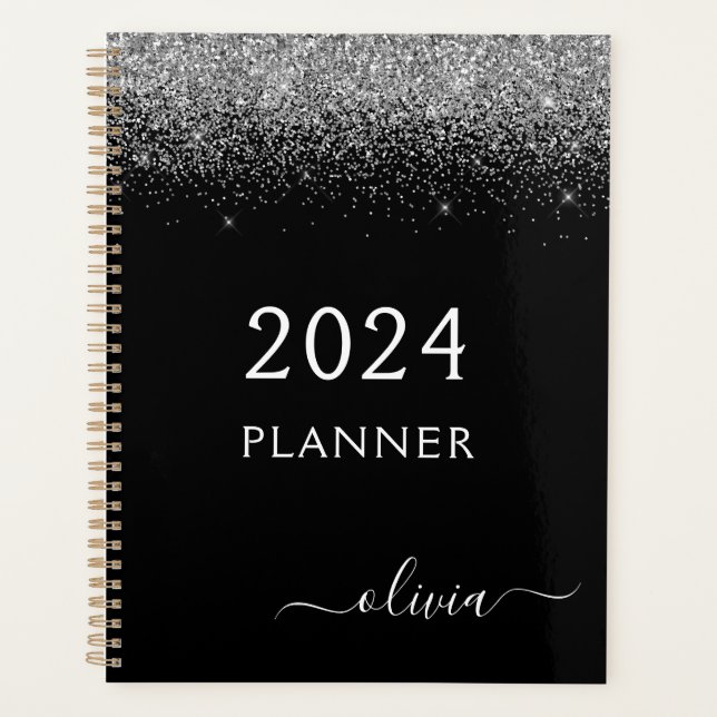 2023 Silver Black Glitter Sparkle Glam Monogram Planer (Vorderseite)