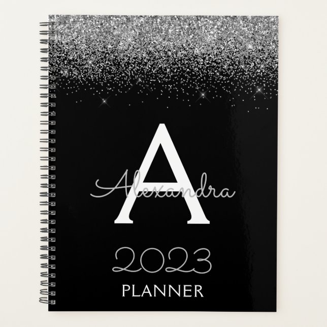 2023 Silver Black Glitzer Monogram Modern Luxury Planer (Vorderseite)