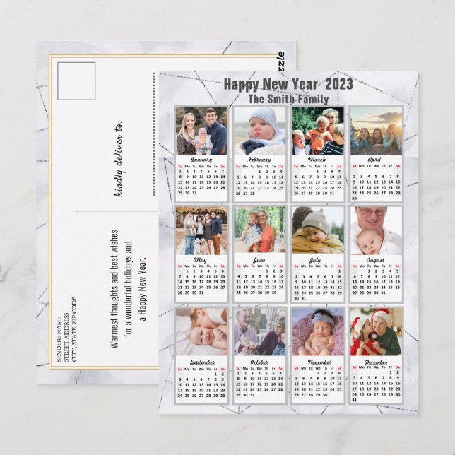 2023 Silver Gold Moderne Familie 12 Foto Kalender Postkarte (Vorne/Hinten)