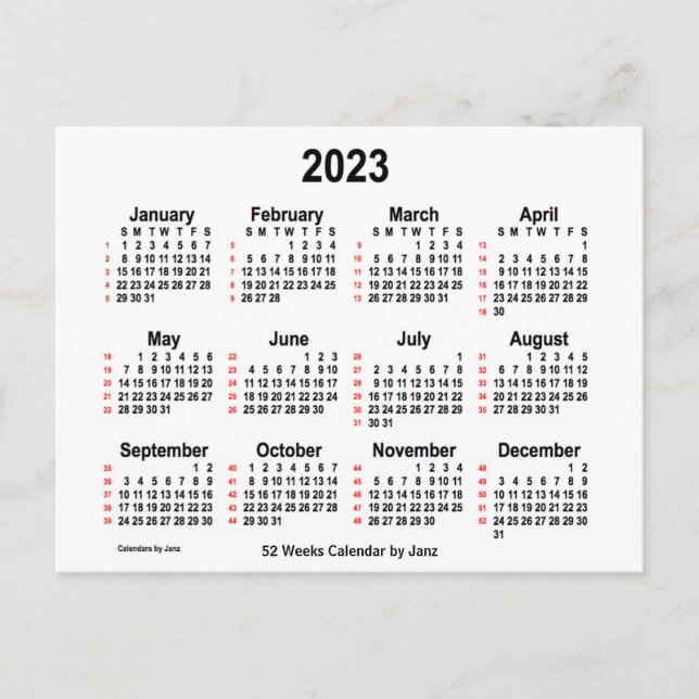 2023 Weißer 52-Wochen-Kalender von Janz Postkarte (Vorderseite)