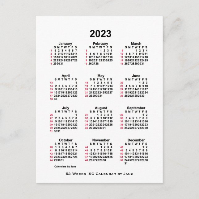 2023 White 52 Week ISO Calendar by Janz Postcard Postkarte (Vorderseite)