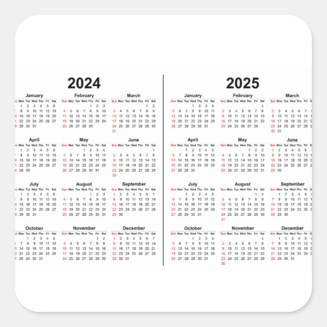 2024 2025 Calendar 2 year black white  Quadratischer Aufkleber (Vorderseite)