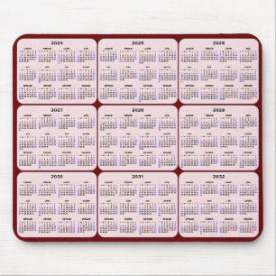 2024 - 2032 Kalender mit US Holidays Red Pink Mousepad