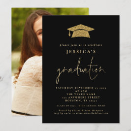 2024 Abschluss Foto Gold Glitzer Grad Cap Black Einladung