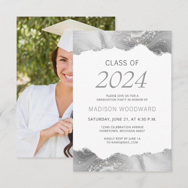 2024 Abschluss Foto Gray Silver Agate Einladung (Vorne/Hinten)