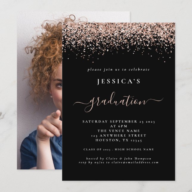 2024 Abschluss Foto Rose Gold Glitzer Black Einladung (Vorne/Hinten)