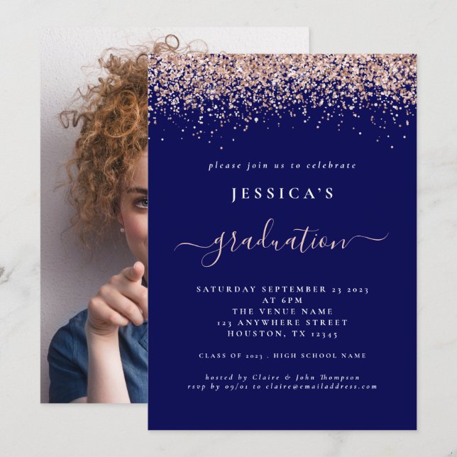 2024 Abschluss Foto Rose Gold Glitzer Navy Blue Einladung (Vorne/Hinten)