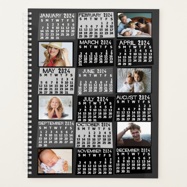 2024 Année Calendrier mensuel 12 Photo Collage noi (Devant)