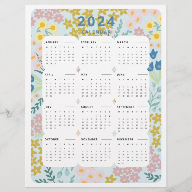 2024 auf einen Blick Kalender Blumenbüros Dekor Flyer (Vorne)