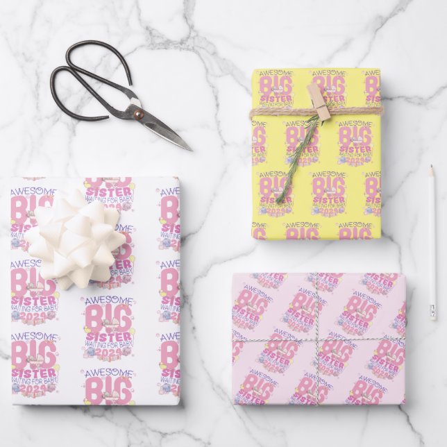2024 Big Sister Gewartet für New Baby Geschenkpapier Set (Vorderseite)