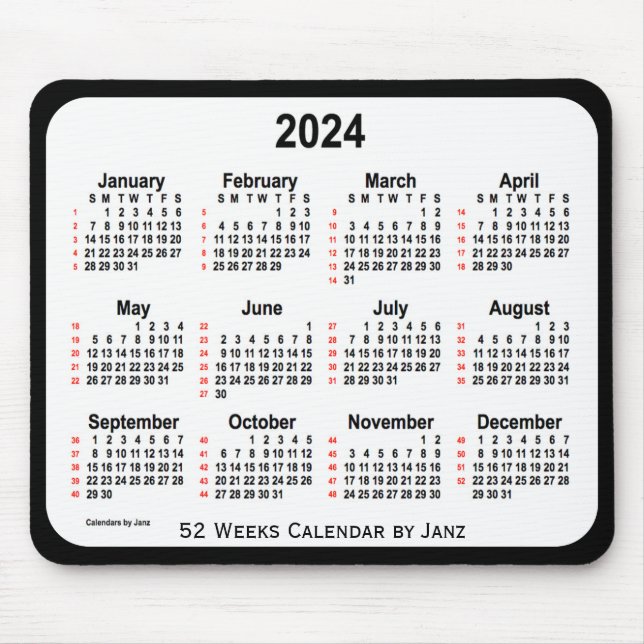 2024 Black Two Tone 52 Weeks Calendar von Janz Mousepad (Vorne)