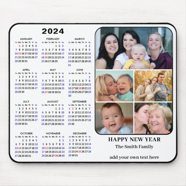 2024 Calendar 5 Family Foto US Holidays Einfach Mousepad (Vorne)