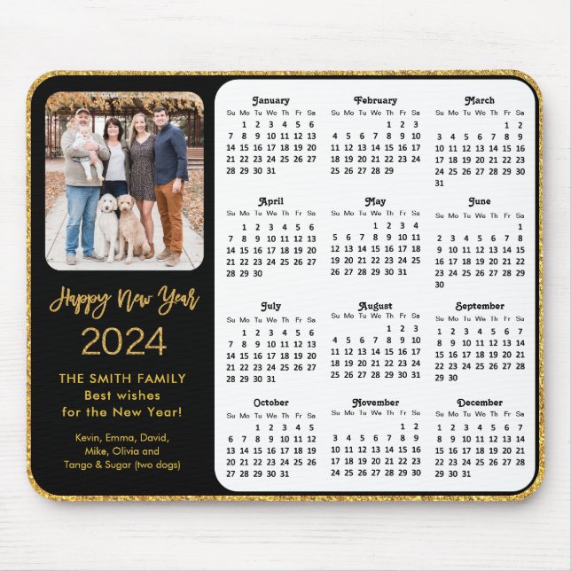 2024 Calendar Black Gold Glitzer Family Foto Mousepad (Vorne)