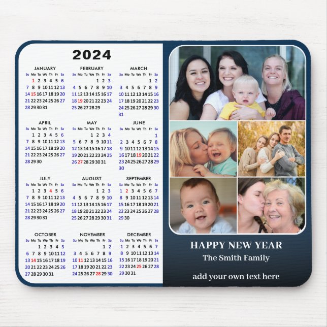 2024 Calendar Blue Family Foto Collage US Urlaub Mousepad (Vorne)